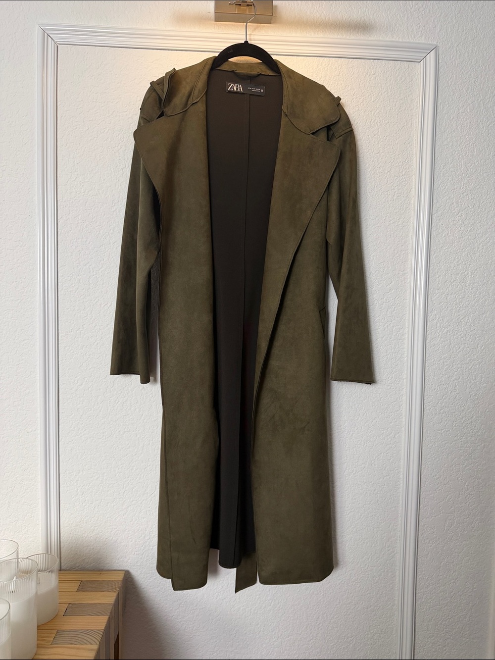 Zara Olive Suede-Effect Long Trench Coat